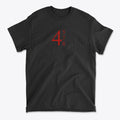 45 47 48 Red Letters Custom Print black graphic tee featuring bold red numbers on the front.