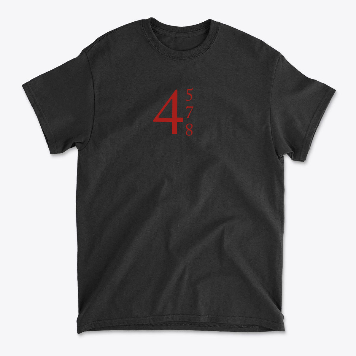 45 47 48 Red Letters Custom Print black graphic tee featuring bold red numbers on the front.