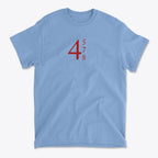 45 47 48 Red Letters Custom Print graphic tee in light blue with bold red lettering.