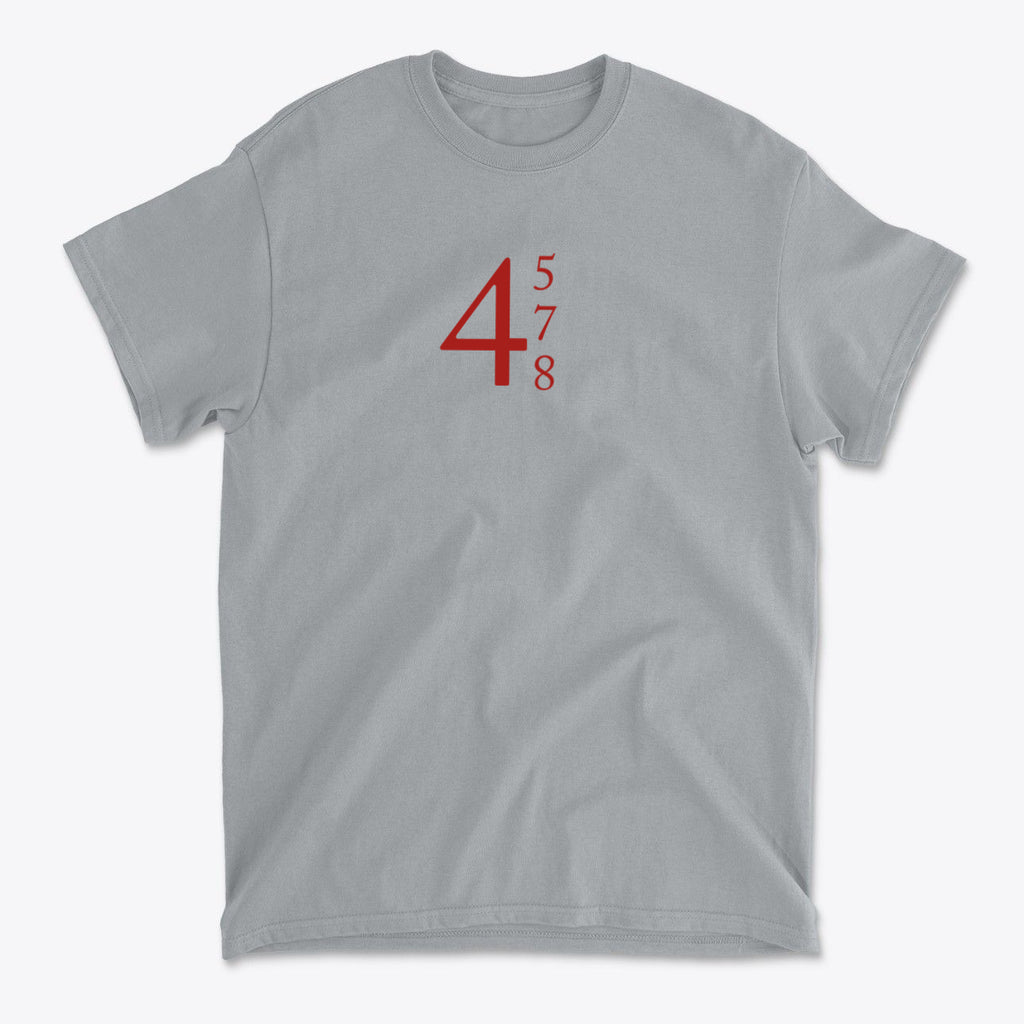 45 47 48 Red Letters Custom Print graphic tee featuring bold red numbers on a gray background.