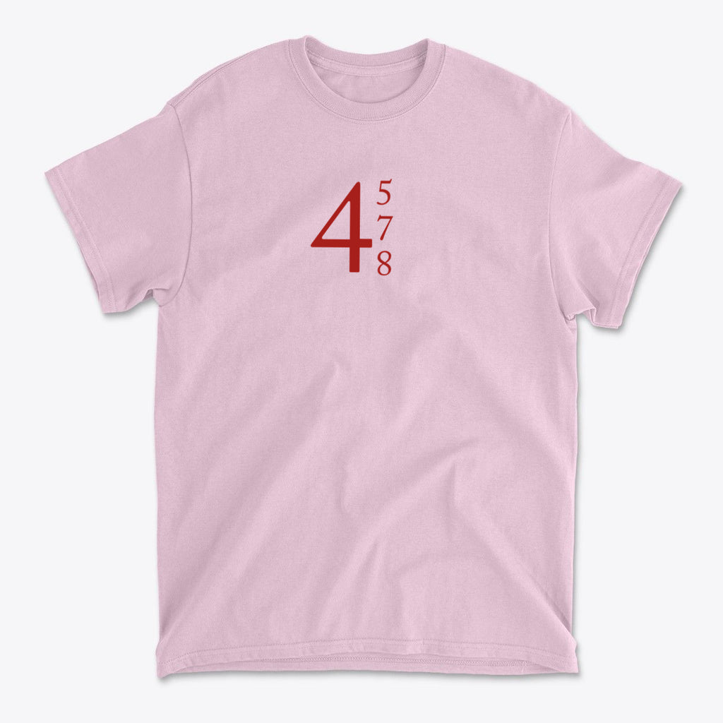 45 47 48 Red Letters Custom Print graphic tee in pink with bold red letters design.