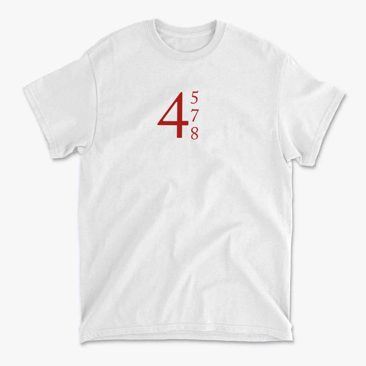 45 47 48 Red Letters Custom Print graphic tee with bold red numbers on a white background.