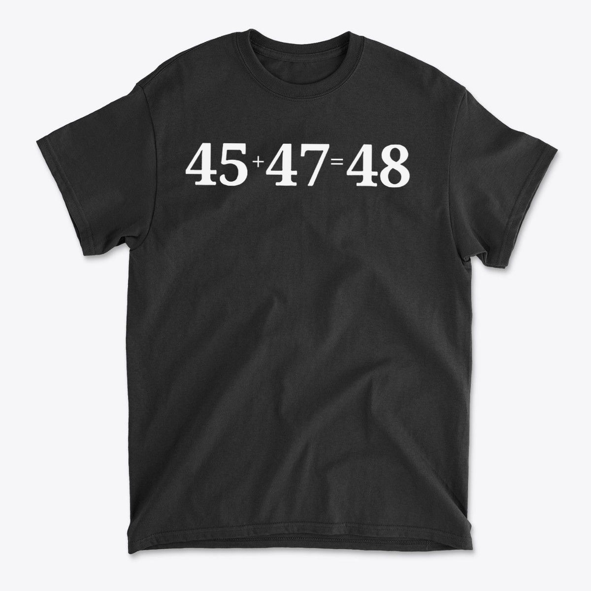 45 47 Equals 48 Red Letter Style graphic tee featuring bold numbers on a black shirt.