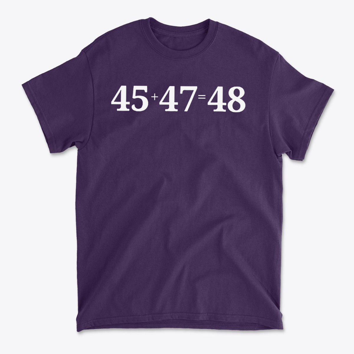 45 47 Equals 48 Red Letter Style graphic tee in purple color featuring a bold numeric design.