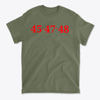45 Plus 47 Equals 48 Red Letters graphic tee in olive green with red lettering design.