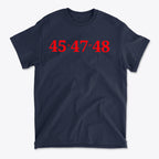 45 Plus 47 Equals 48 Red Letters graphic tee in dark navy with bold red text.