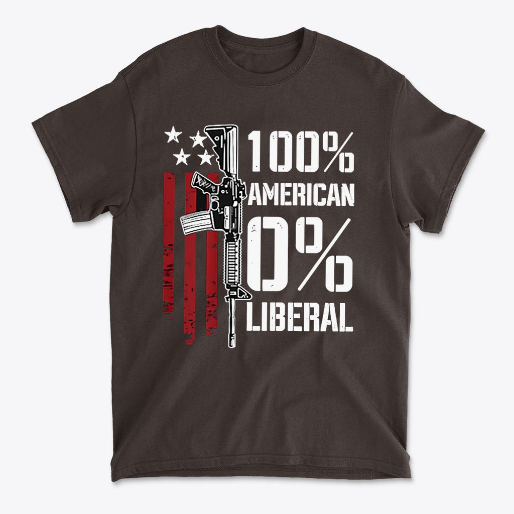 Black graphic tee featuring the text 100 Percent American 0 Liberal and an illustration of a firearm.