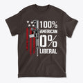Black graphic tee featuring the text 100 Percent American 0 Liberal and an illustration of a firearm.