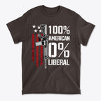 Black graphic tee featuring the text 100 Percent American 0 Liberal and an illustration of a firearm.
