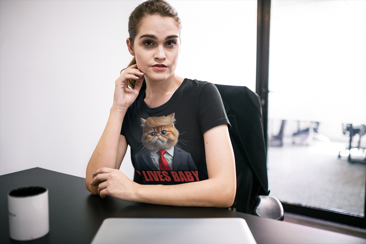 Model wearing a 9 Lives Baby Cute Cat Graphic Casual T-Shirt Design with a cat in a suit graphic.