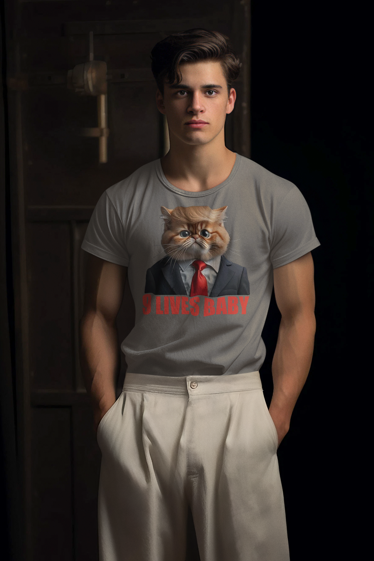 Model wearing 9 Lives Baby Cute Cat Graphic Casual T-Shirt Design featuring a cat in a suit graphic.