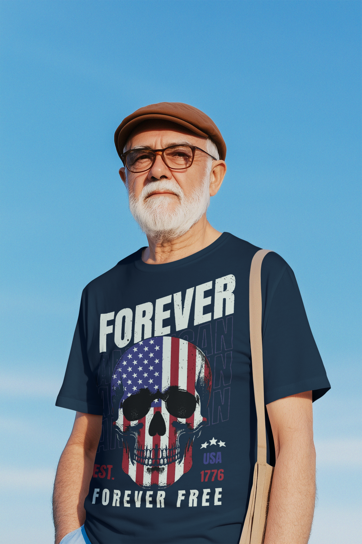 Forever Free American Pride Shirt worn by an older man with glasses and a hat against a blue sky.