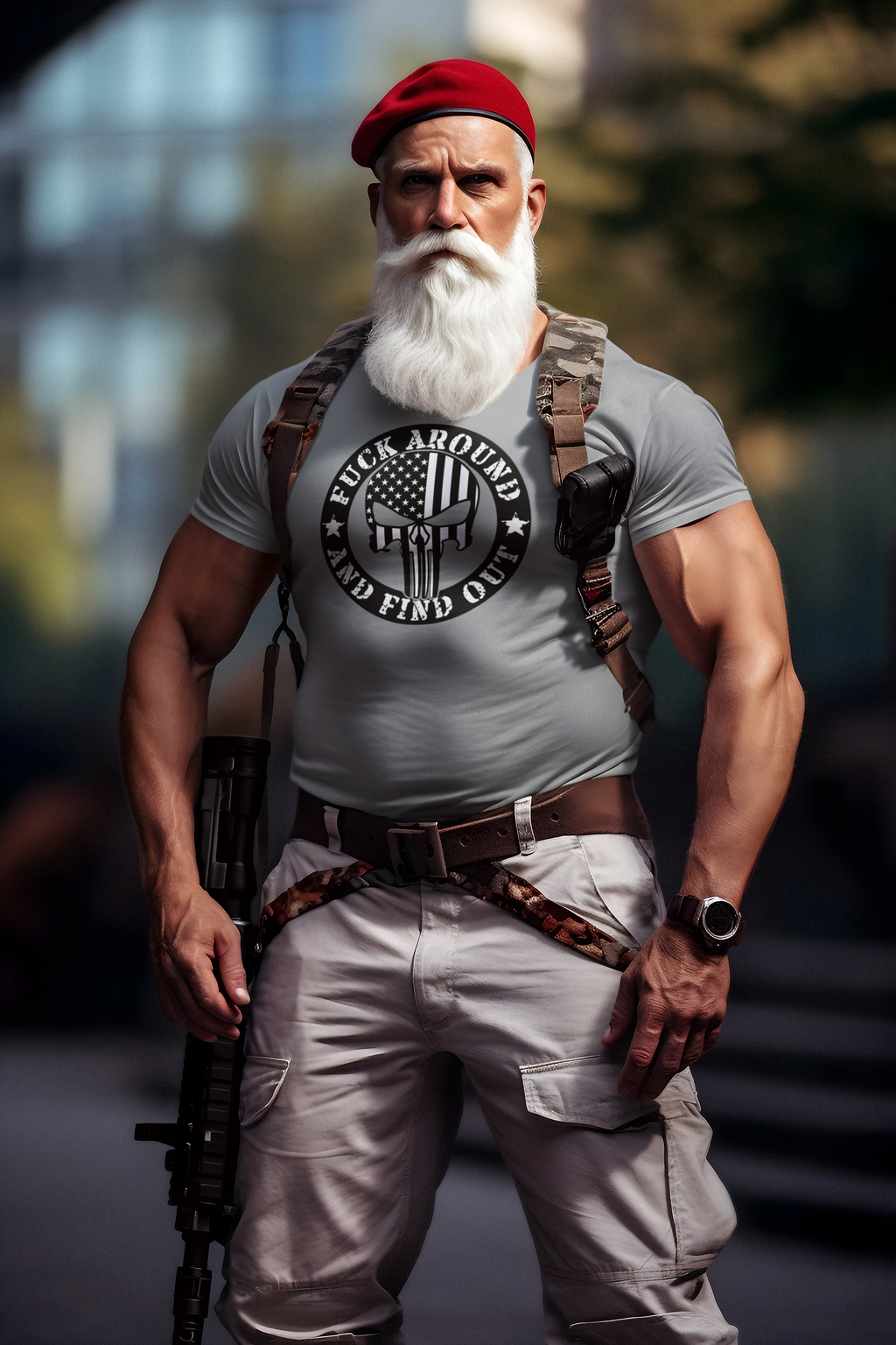 Model wearing Fuck Around Find Out Graphic Tee, showcasing bold message and strong patriotism.