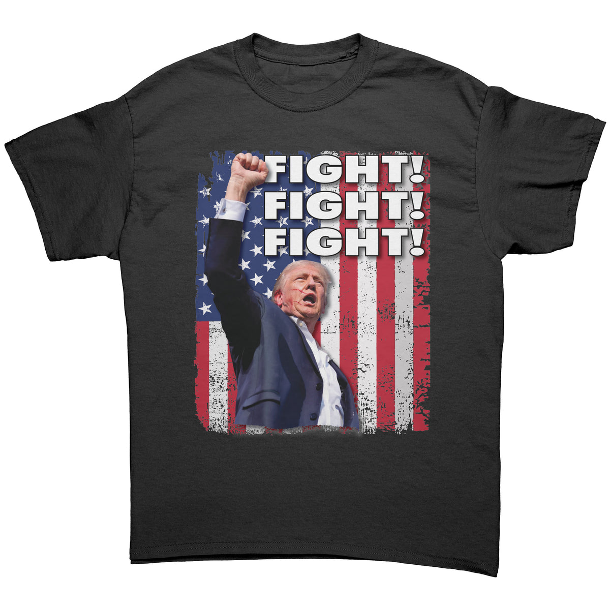 Fight Fight Fight Bold Logo Tee featuring bold text and an American flag design.
