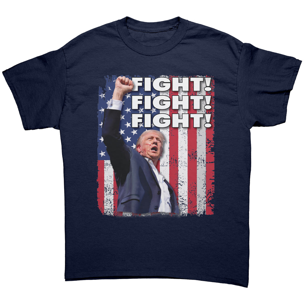 Fight Fight Fight Bold Logo Tee featuring an expressive design with bold text and patriotic background.
