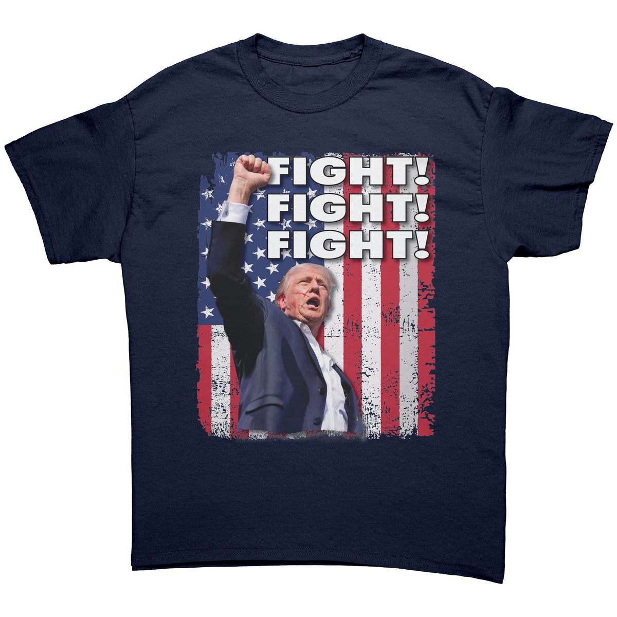 Fight Fight Fight Bold Logo Tee featuring an expressive design with bold text and patriotic background.