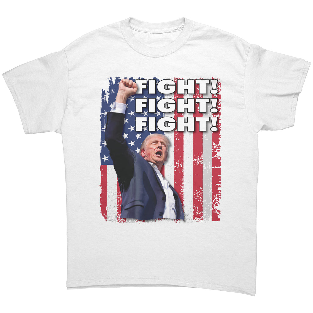 Fight Fight Fight Bold Logo Tee featuring bold text and an American flag background.