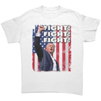 Fight Fight Fight Bold Logo Tee featuring bold text and an American flag background.