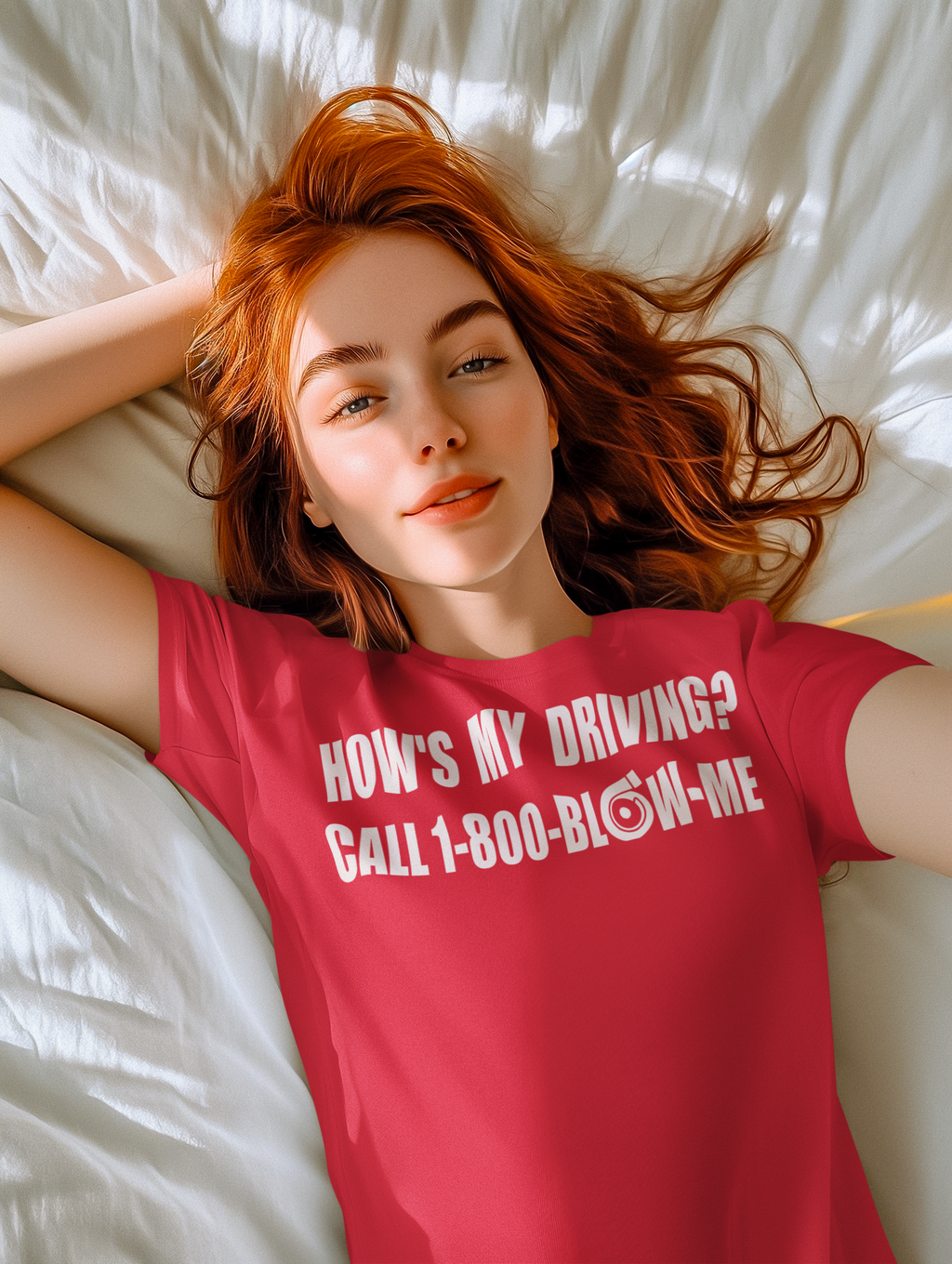 Model wearing a pink How is My Driving Novelty Car Tee with humorous text lying on a bed.