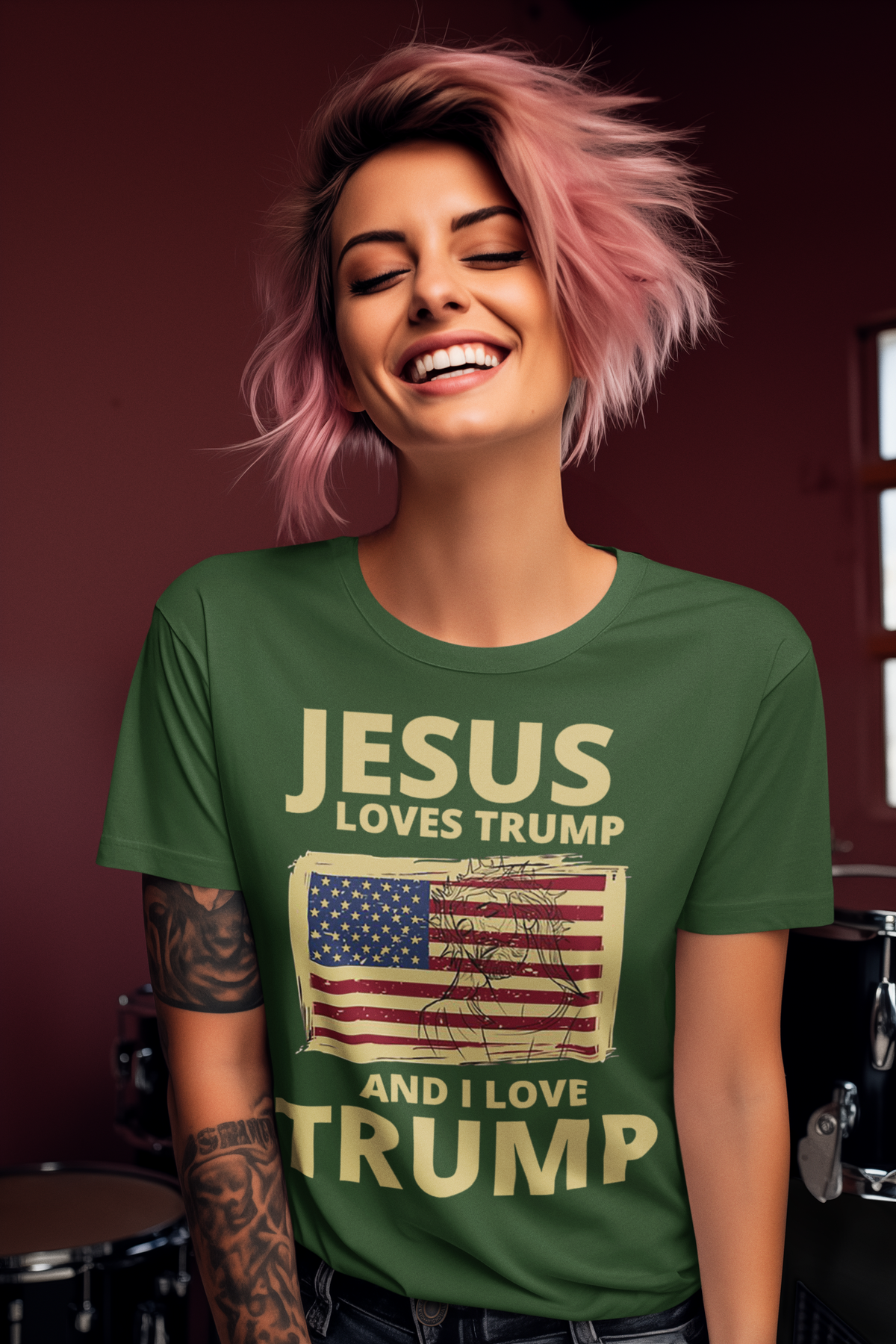 Woman smiling in a green t-shirt with the phrase 'Jesus Loves Trump And I Love Trump' and an American flag design.