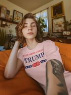 Support Trump Keep America 2028 graphic t-shirt worn by a model in a cozy living room setting.