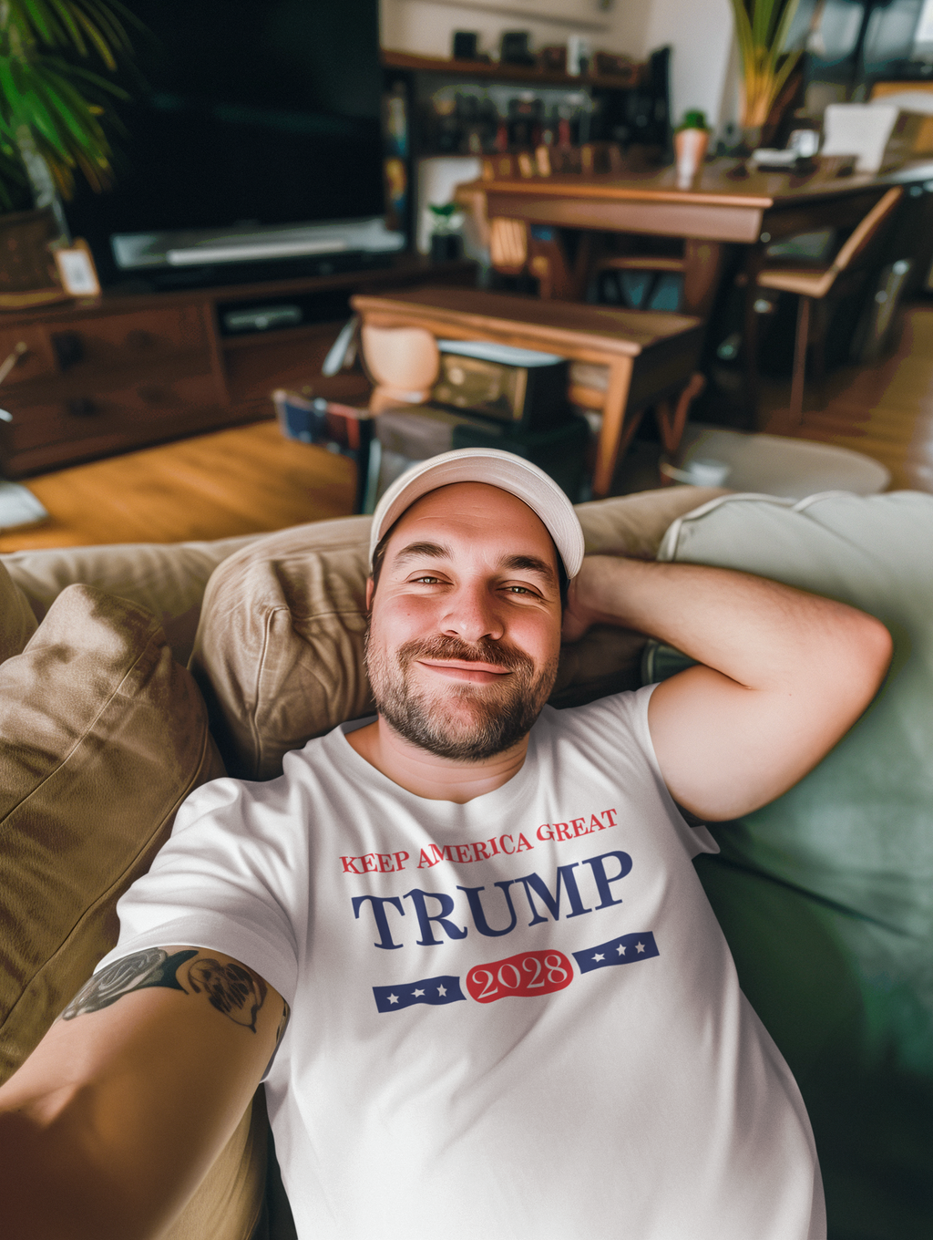 Person wearing Support Trump Keep America 2028 graphic t-shirt while relaxing at home.