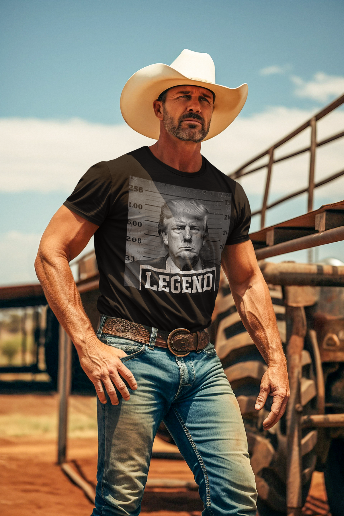 Man in cowboy hat wearing Legend Classic Bold Statement Graphic T-Shirt outdoors at a ranch.