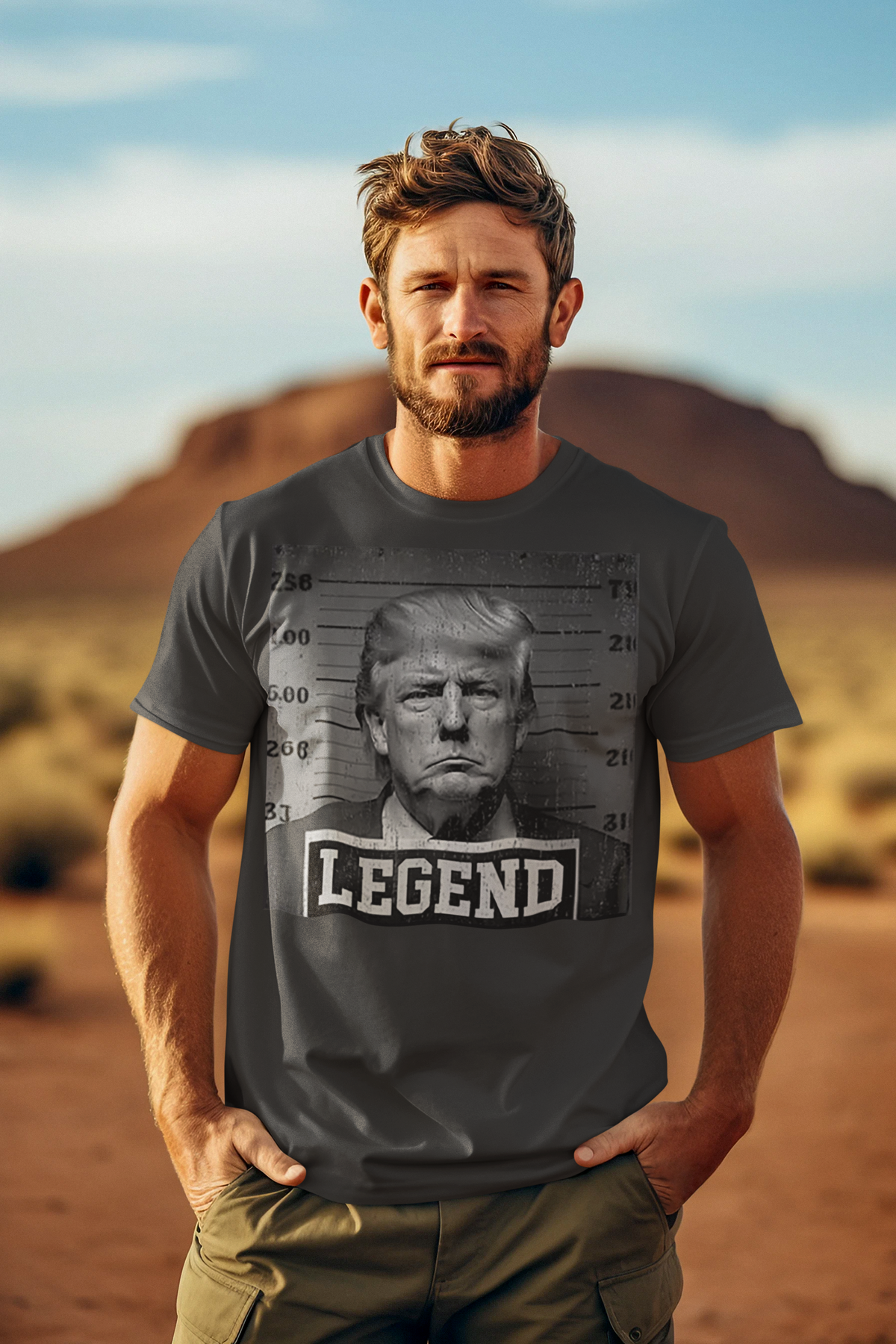 Legend Classic Bold Statement Graphic T-Shirt worn by a man in an outdoor setting with a desert background.