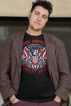 Make America Great Again On Eagle graphic t-shirt worn by a man outdoors.