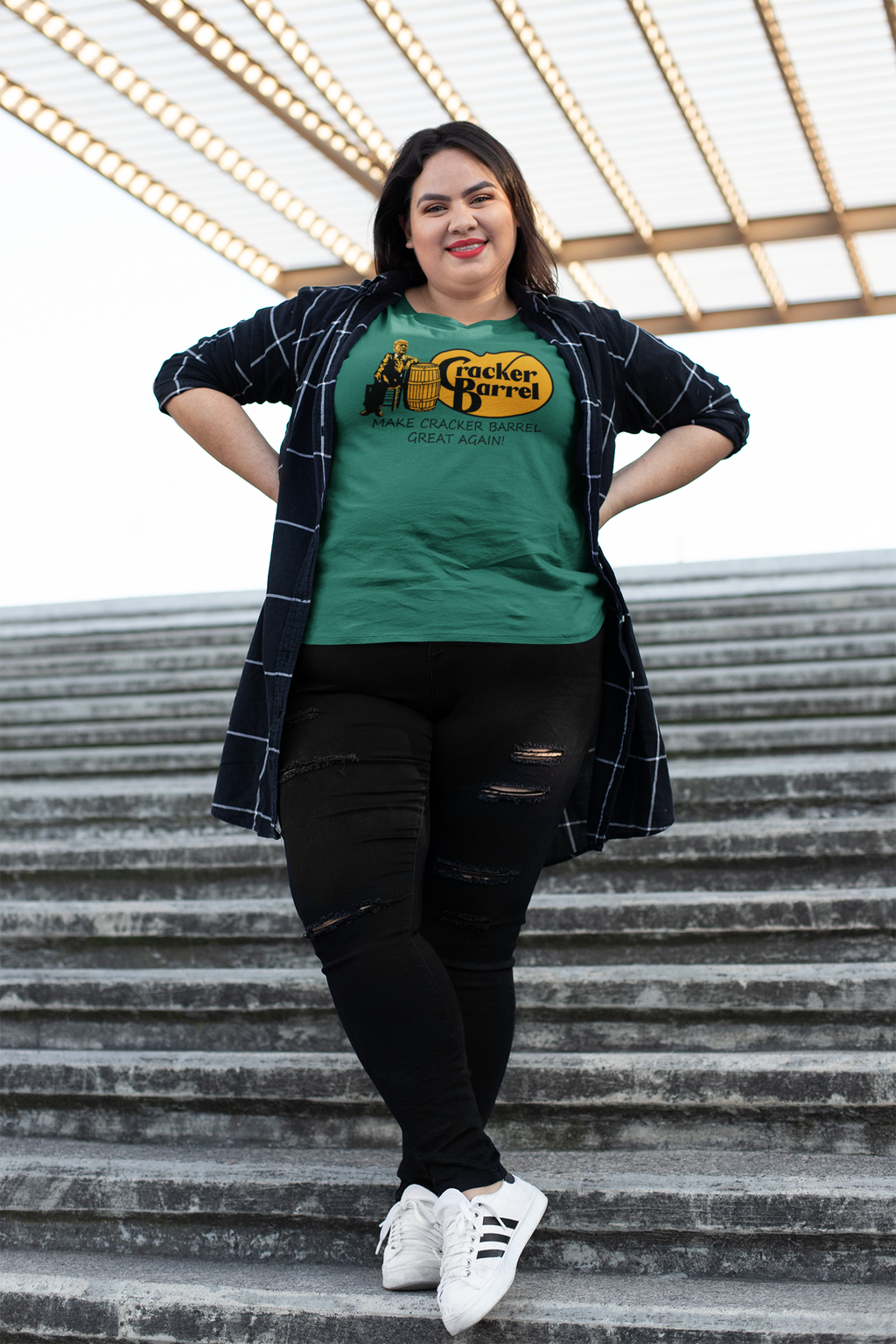 Make Cracker Barrel Great Again! design featured on a model wearing a green shirt and stylish outfit.