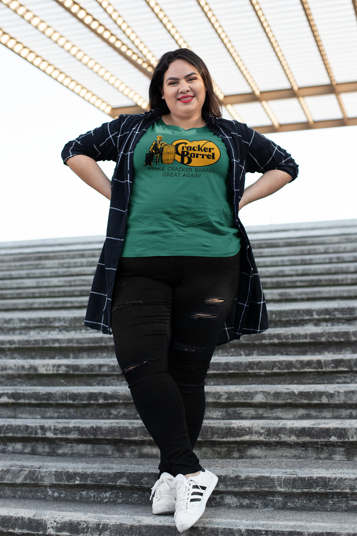 Make Cracker Barrel Great Again! design featured on a model wearing a green shirt and stylish outfit.