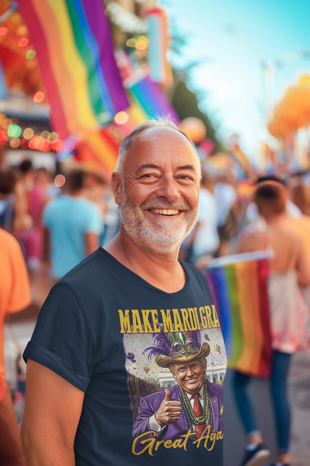 Smiling man wearing Make Mardi Gras Great Again Party Shirt at a festive celebration.