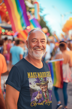 Smiling man wearing Make Mardi Gras Great Again Party Shirt at a festive celebration.