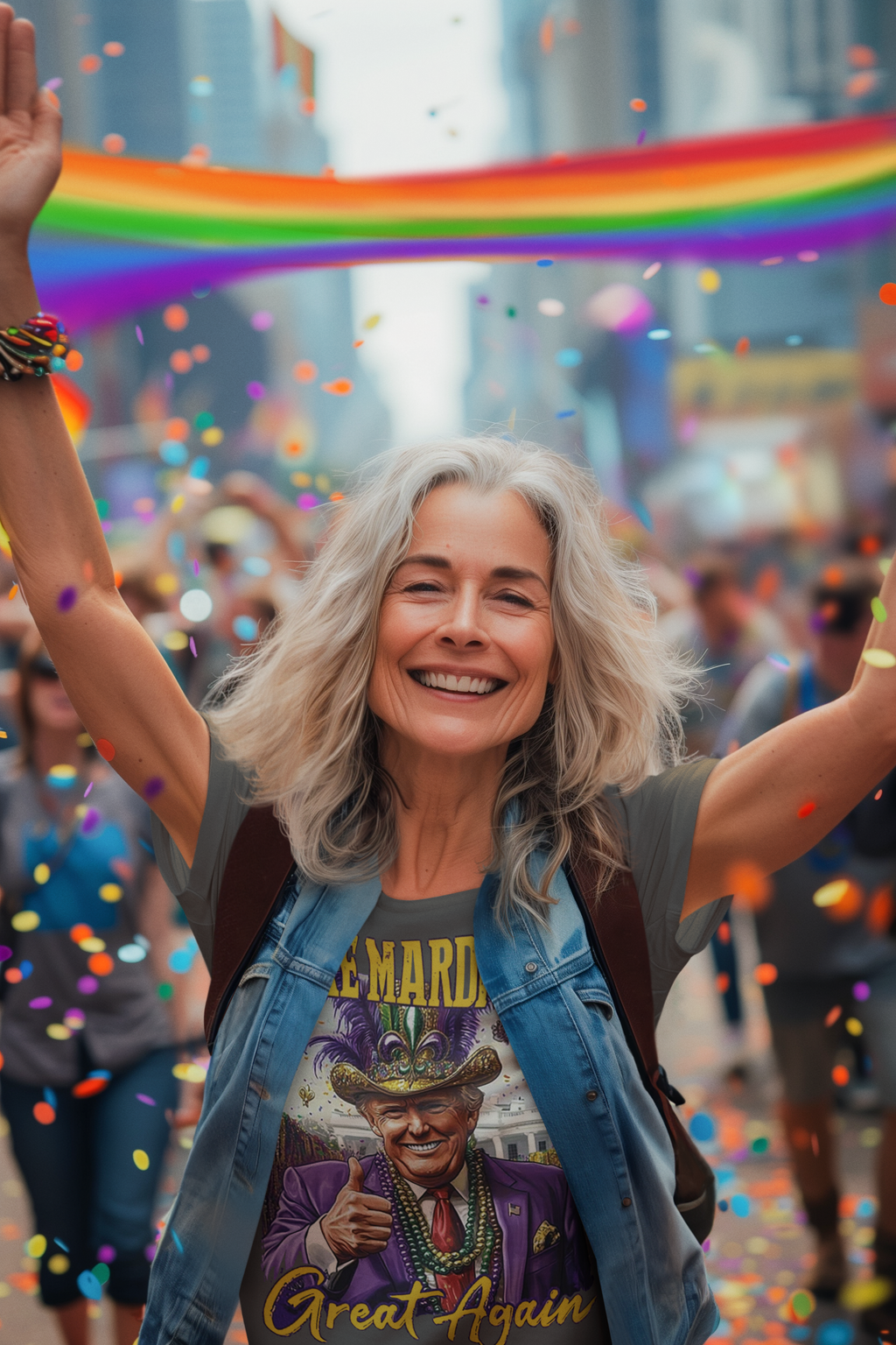 Woman celebrating in a festive crowd wearing a Make Mardi Gras Great Again Party Shirt with rainbow decorations.