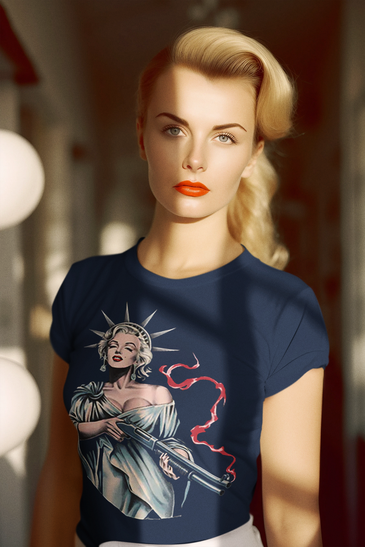 Marilyn Statue Of Liberty Apparel smart shoe edition showcasing a woman wearing a graphic T-shirt featuring a bold design.