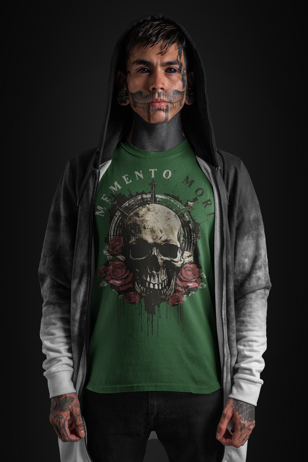 Memento Mori Skull Design Shirt worn by a model with tattoos and a hooded jacket in a dark setting.