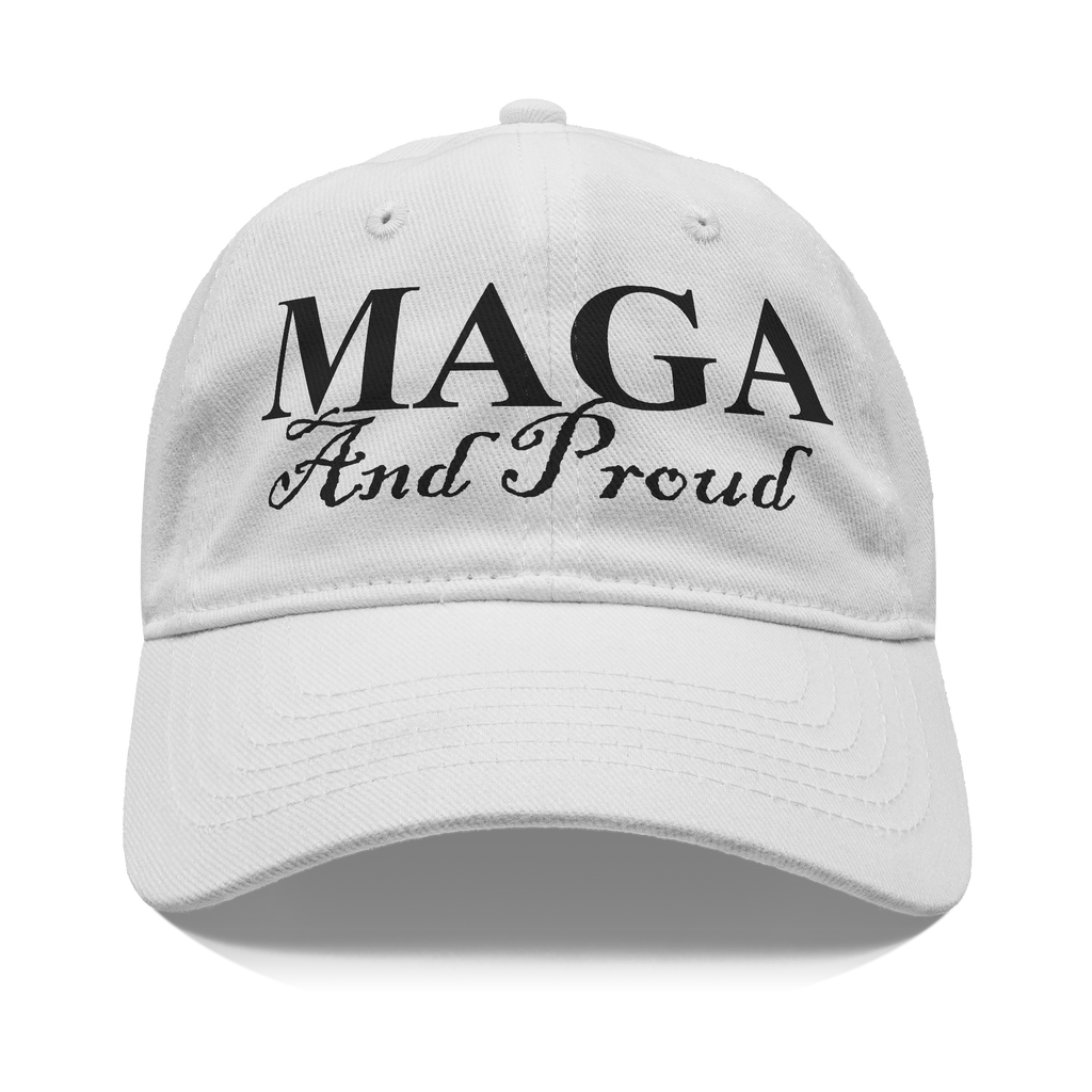MAGA And Proud Black Script Tee displayed on a white cap, showcasing patriotism and personal values.