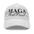 MAGA And Proud Black Script Tee displayed on a white cap, showcasing patriotism and personal values.