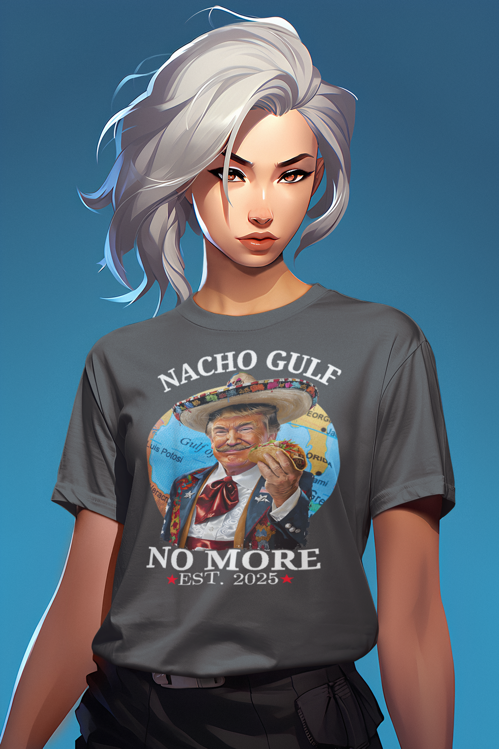 Model wearing Nacho Gulf No More Est 2025 Mexican Trump graphic t-shirt with colorful design.