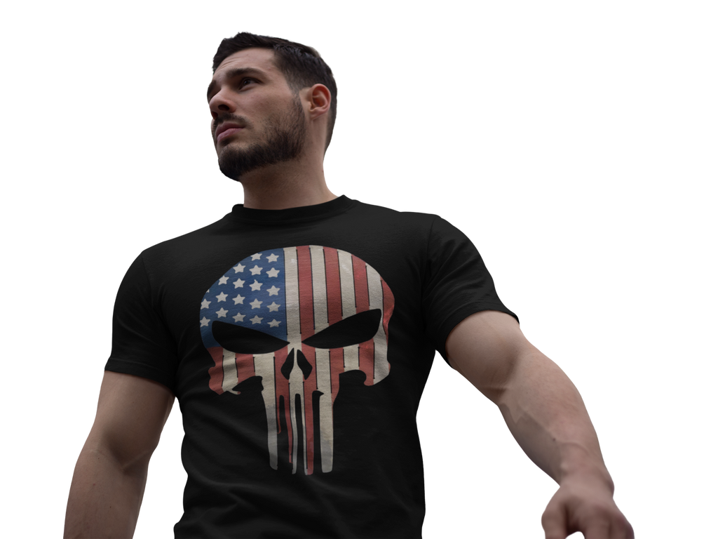 Man wearing a Punisher in Stars And Stripes 2 t-shirt showcasing patriotic design.