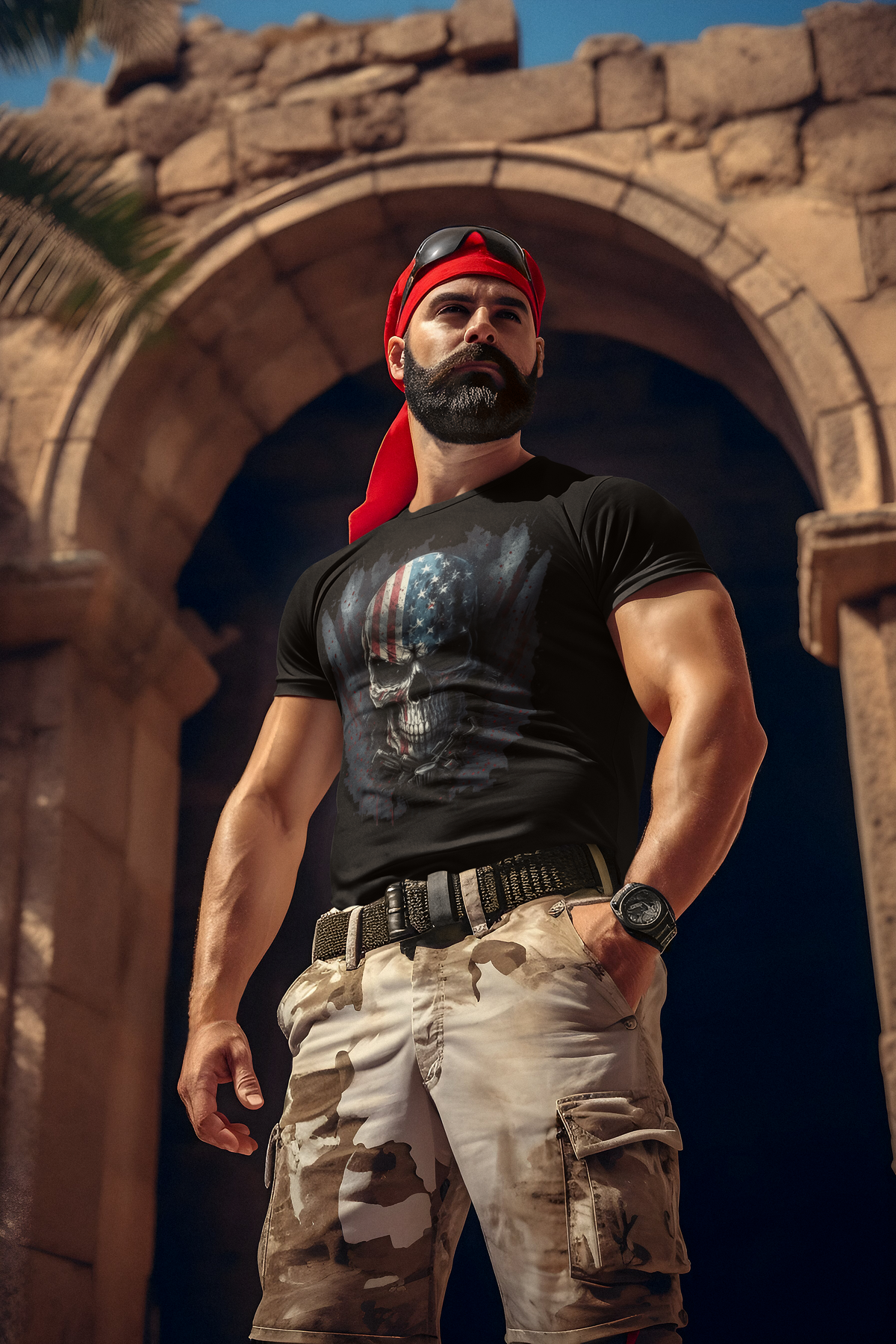 Model wearing Punisher In Stars And Stripes 3 t-shirt, posing confidently in a historical outdoor setting.