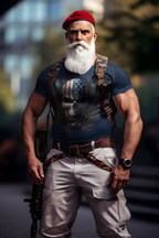 Punisher In Stars And Stripes 3 shirt on muscular man with white beard, red beret, and tactical gear in urban setting.