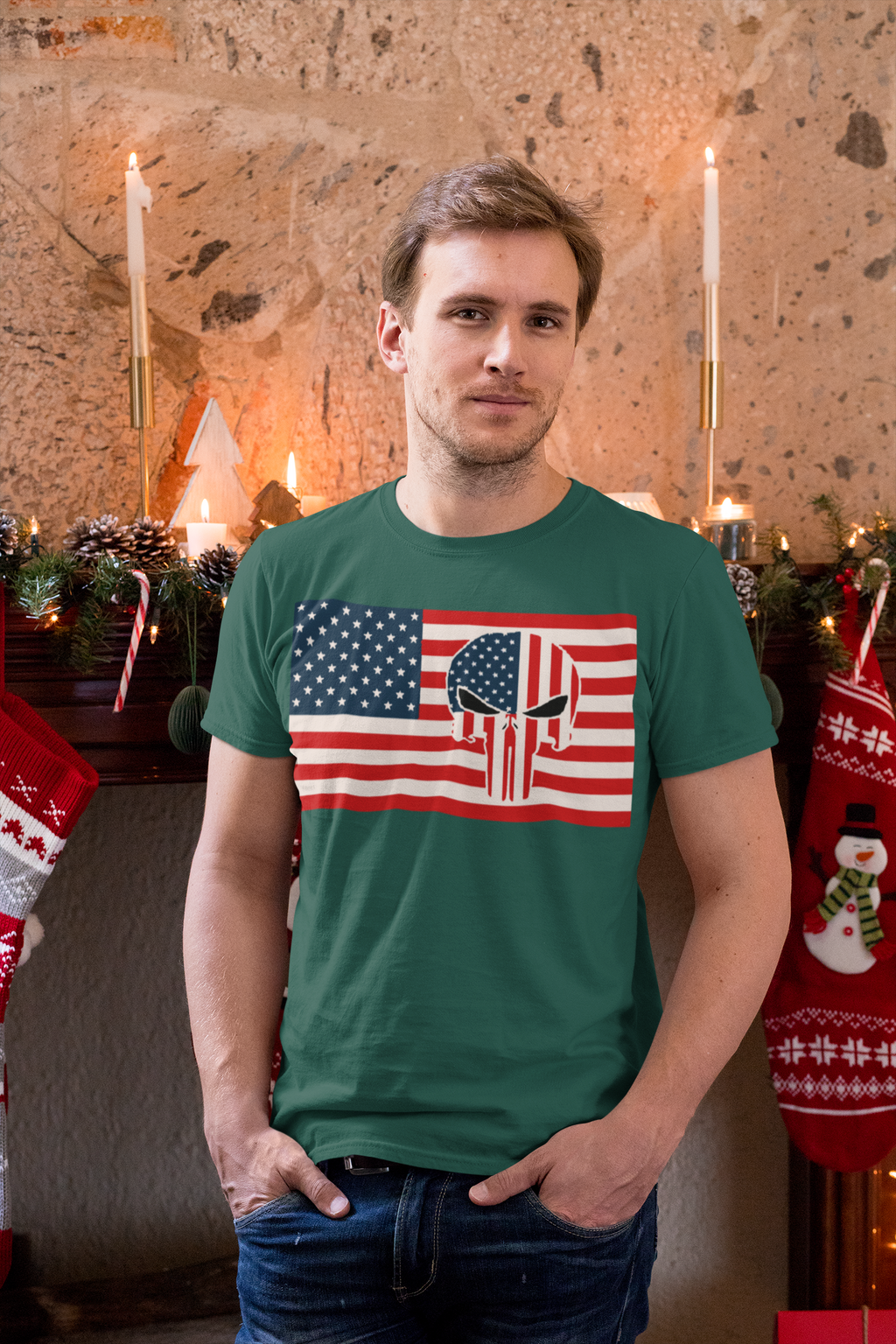A man wearing a green t-shirt featuring the Punisher In Stars And Stripes On American Flag design.