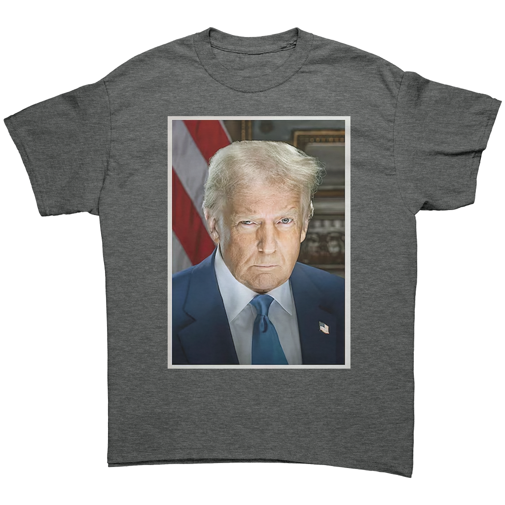 Serious Trump Portrait Graphic tee featuring a serious portrait of Trump on a gray shirt.