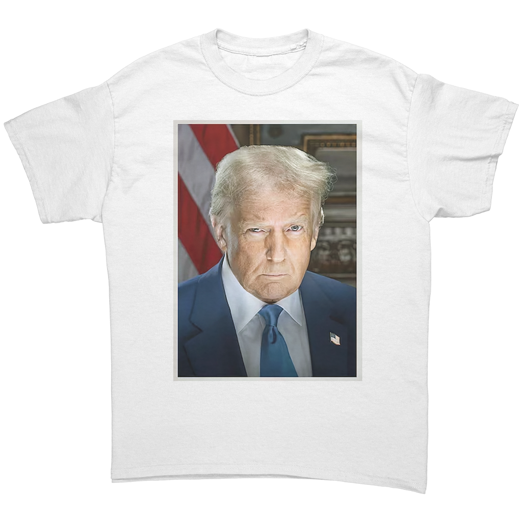 Serious Trump Portrait Graphic tee featuring a serious portrait of Donald Trump against an American flag backdrop.