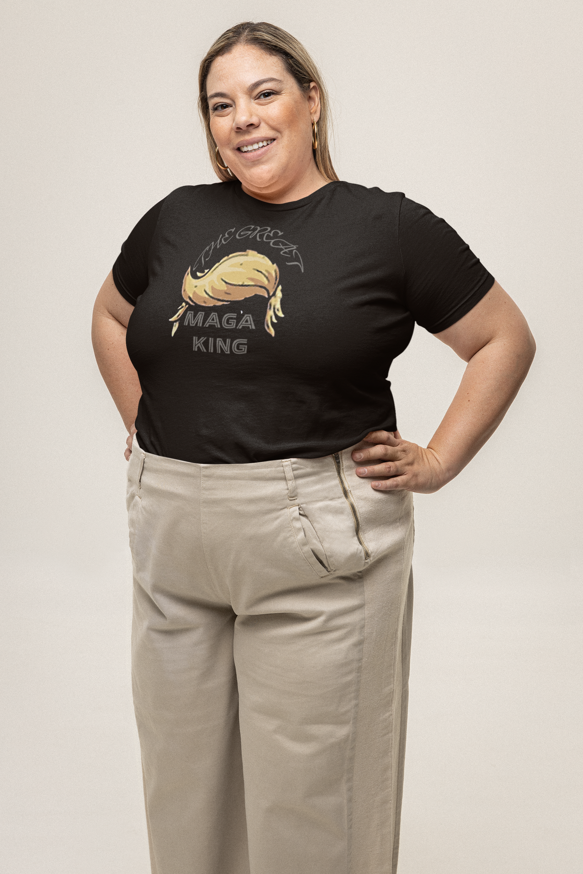A woman wearing The Great MAGA King Graphic Tee, showcasing modern political pop culture fashion.