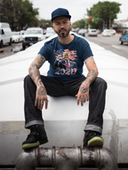 Man wearing Trump 2028 Raised Fist Print Tee against urban backdrop, showcasing premium conservative graphic t-shirt.