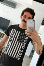 Man wearing a black t-shirt featuring the Trump 2028 Rewrite The Rules On Vertical American Flag design.
