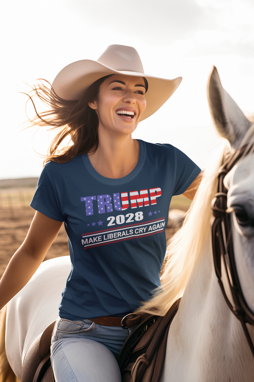 Woman riding a horse wearing a Trump 2028 Make Liberals Cry Again graphic t-shirt with a joyful expression.