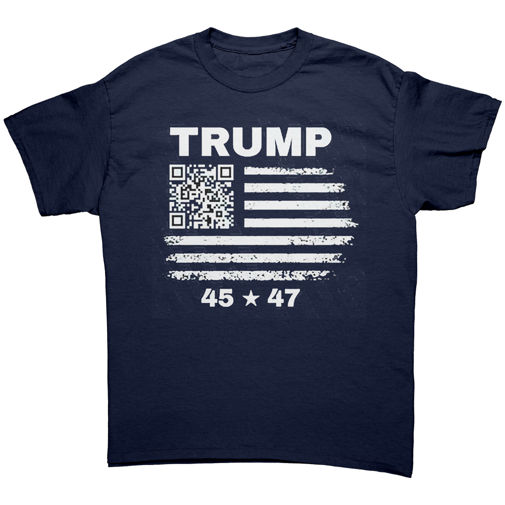 Presidential 45 47 Trump Series graphic tee featuring QR code and distressed American flag design.
